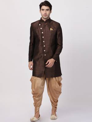 Brown Plain Blended Cotton Sherwani 1