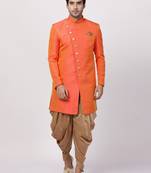 Orange Plain Blended Cotton Sherwani