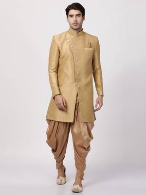 Beige Plain Blended Cotton Sherwani 1