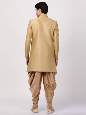 Beige Plain Blended Cotton Sherwani 4