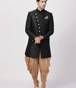 Black Plain Blended Cotton Sherwani