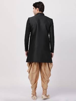 Black Plain Blended Cotton Sherwani 4