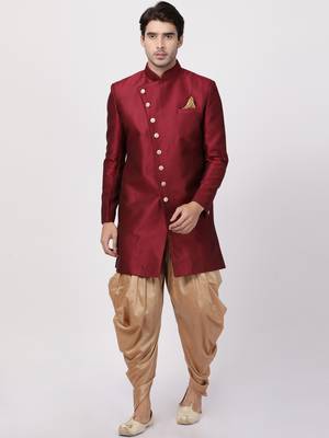 Maroon Plain Blended Cotton Sherwani 1