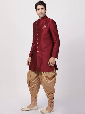 Maroon Plain Blended Cotton Sherwani 2
