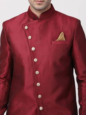 Maroon Plain Blended Cotton Sherwani 3