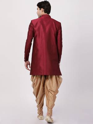 Maroon Plain Blended Cotton Sherwani 4
