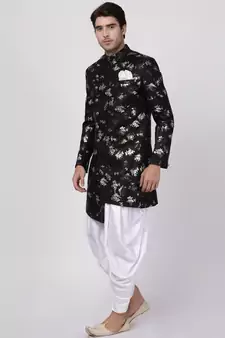 Black Polyester Lurex Blend Sherwani Set