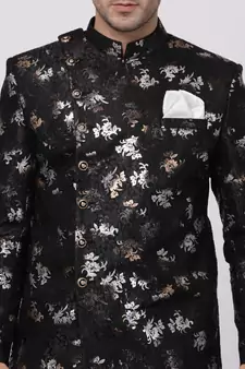 Black Polyester Lurex Blend Sherwani Set