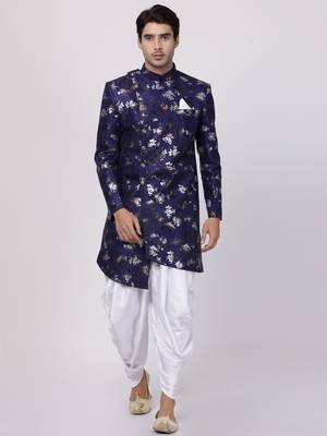 Blue Plain Blended Cotton Sherwani 1