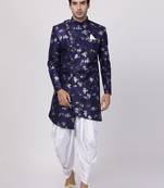 Blue Plain Blended Cotton Sherwani