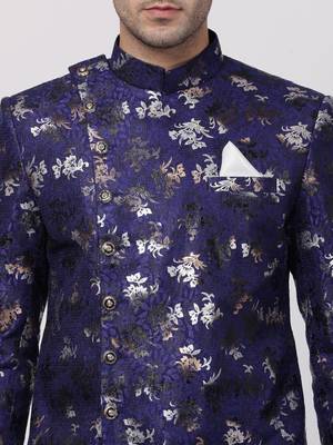Blue Plain Blended Cotton Sherwani 3
