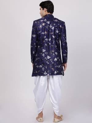 Blue Plain Blended Cotton Sherwani 4