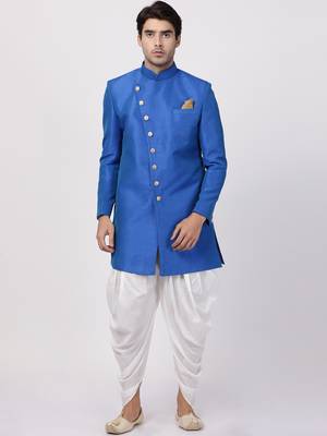 Blue Plain Blended Cotton Sherwani 1