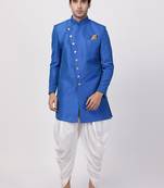 Blue Plain Blended Cotton Sherwani