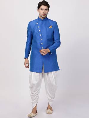 Blue Plain Blended Cotton Sherwani 2