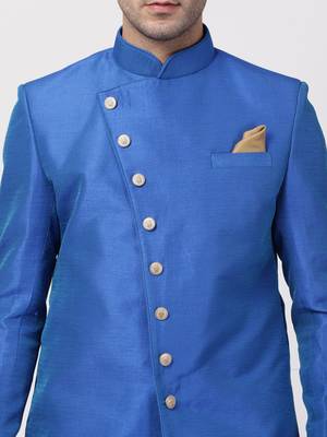 Blue Plain Blended Cotton Sherwani 3