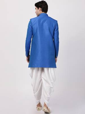 Blue Plain Blended Cotton Sherwani 4