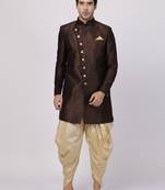 Brown Plain Blended Cotton Sherwani