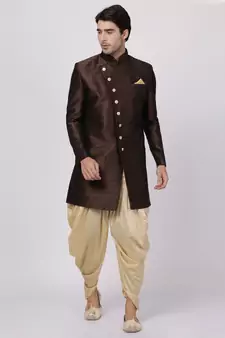 Brown Plain Blended Cotton Sherwani