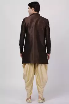 Brown Plain Blended Cotton Sherwani