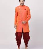 Orange Plain Blended Cotton Sherwani