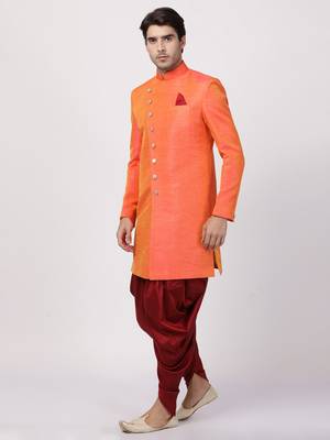 Orange Plain Blended Cotton Sherwani 2
