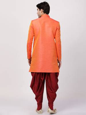 Orange Plain Blended Cotton Sherwani 4