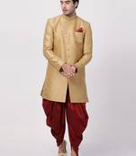 Beige Plain Blended Cotton Sherwani
