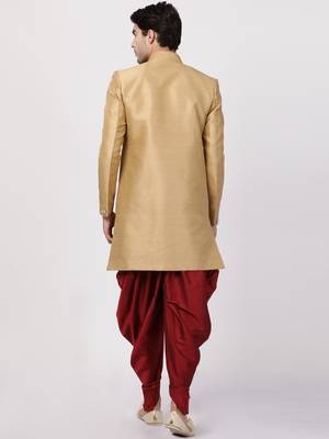 Beige Plain Blended Cotton Sherwani 4