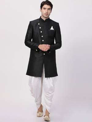 Black Plain Blended Cotton Sherwani 1
