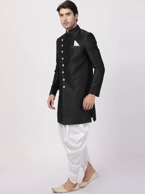 Black Plain Blended Cotton Sherwani 2