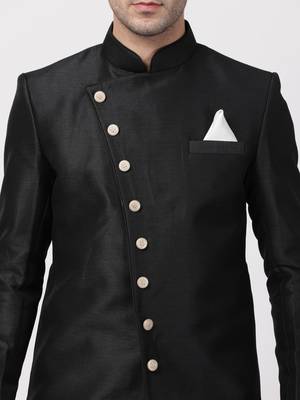 Black Plain Blended Cotton Sherwani 3
