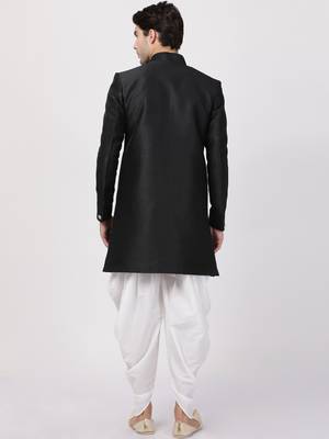 Black Plain Blended Cotton Sherwani 4