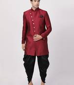 Maroon Plain Blended Cotton Sherwani