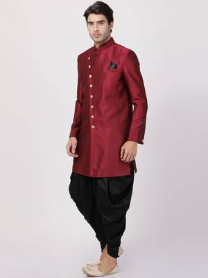 Maroon Plain Blended Cotton Sherwani 2