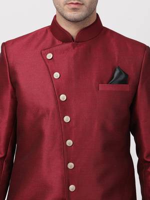 Maroon Plain Blended Cotton Sherwani 3