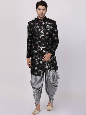 Black Polyester Lurex Blend Sherwani Set 1