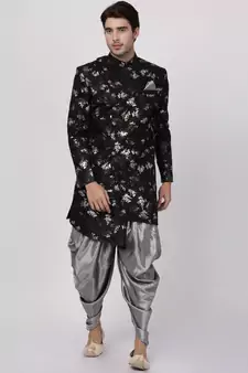 Black Polyester Lurex Blend Sherwani Set