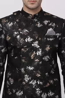 Black Polyester Lurex Blend Sherwani Set