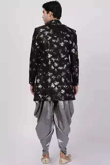 Black Polyester Lurex Blend Sherwani Set