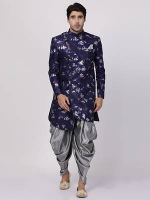 Blue Plain Blended Cotton Sherwani 1