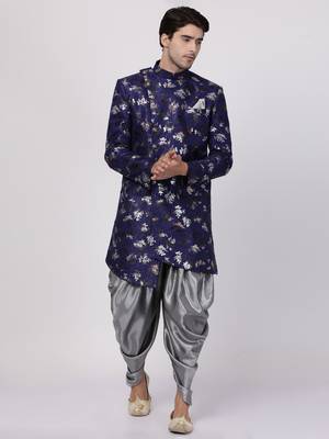 Blue Plain Blended Cotton Sherwani 2