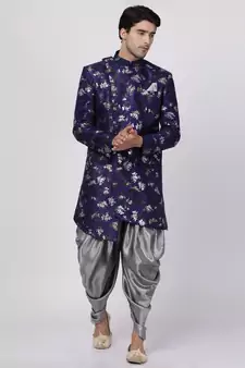 Blue Plain Blended Cotton Sherwani