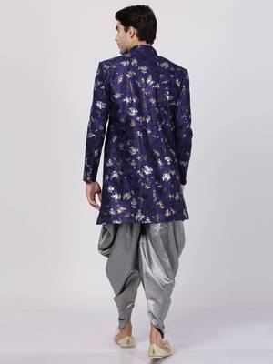 Blue Plain Blended Cotton Sherwani 4