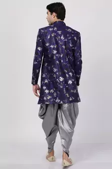 Blue Plain Blended Cotton Sherwani