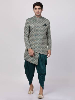 Green Plain Blended Cotton Sherwani 1