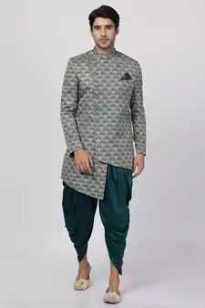 Green Plain Blended Cotton Sherwani