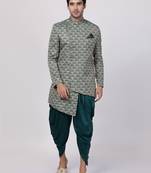 Green Plain Blended Cotton Sherwani