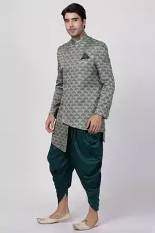 Green Plain Blended Cotton Sherwani