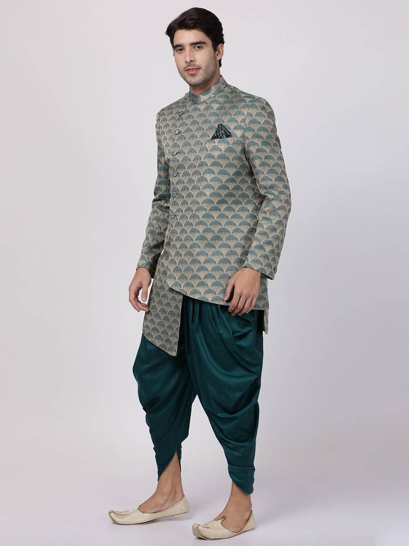 Green Plain Blended Cotton Sherwani